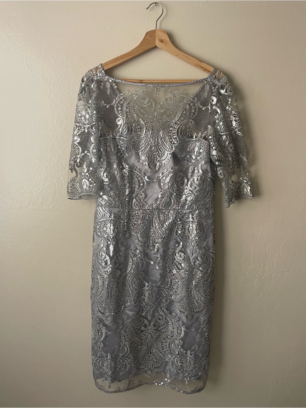 Tahari Gray Silver Sequin Lace Midi Dress